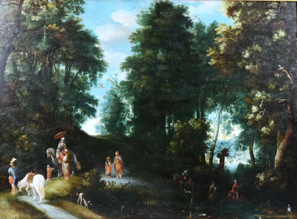 Paesaggio boscoso con personaggi aristocratici a cavallo nei pressi di un laghetto
